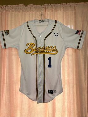 Bananas Women's White Baseball Jersey with Yellow Trim and Navy Number